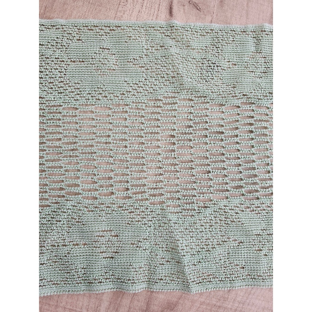 Vintage Mint Green Open Knit Scarf Fringe Trim Pointelle Mesh Made in Japan - Picture 6 of 7